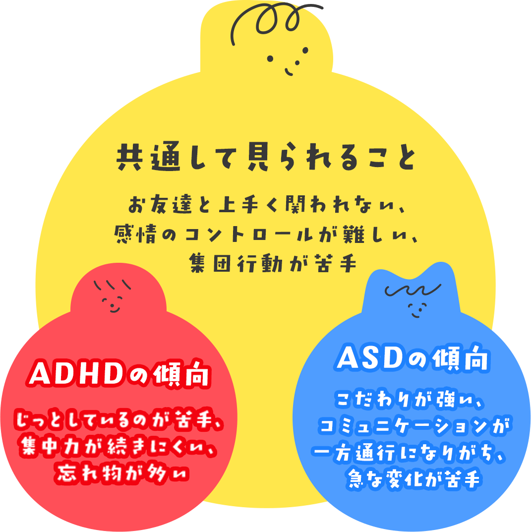 共通して見られること：お友達と上手く関われない、感情のコントロールが難しい、集団行動が苦手 ・ADHDの傾向：じっとしているのが苦手、集中力が続きにくい、忘れ物が多い ・ASDの傾向：こだわりが強い、コミュニケーションが一方通行になりがち、急な変化が苦手